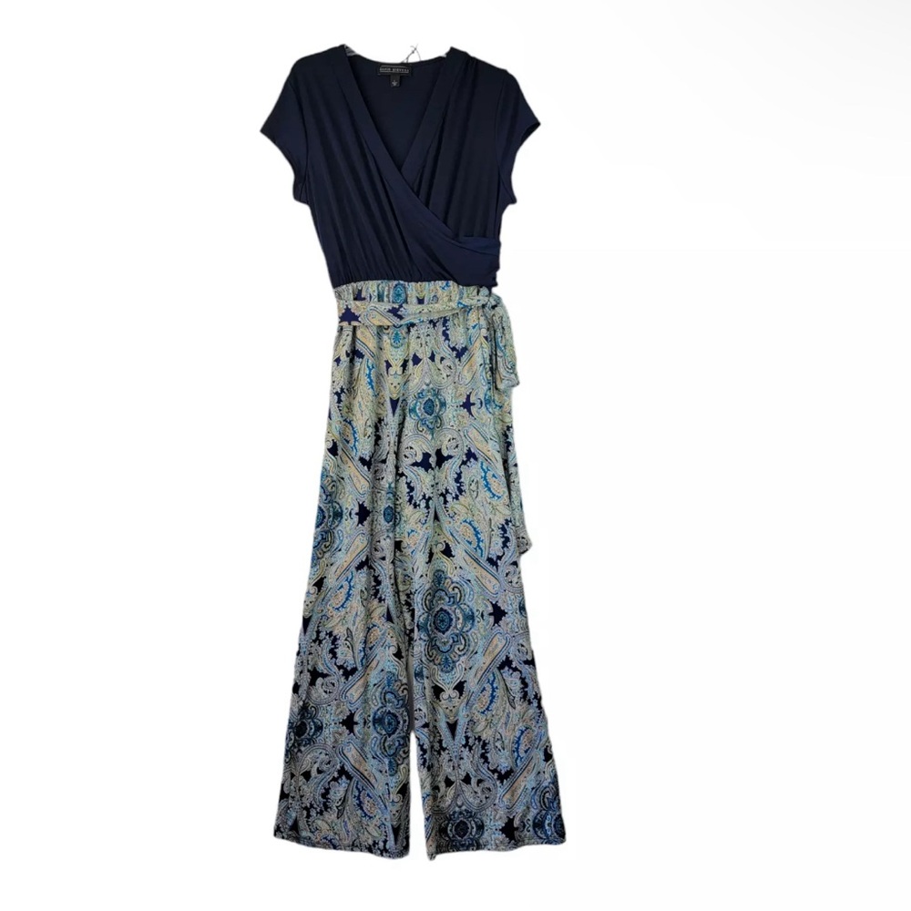 Vintage Karen Stevens Womens Blue Paisley Jumpsuit Short Sleeve Tie Waist Size S